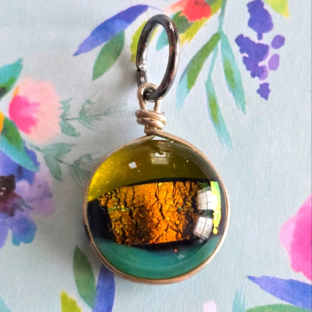 Dichroic glass pendant charm silver tone bubble circle orange green blue yellow